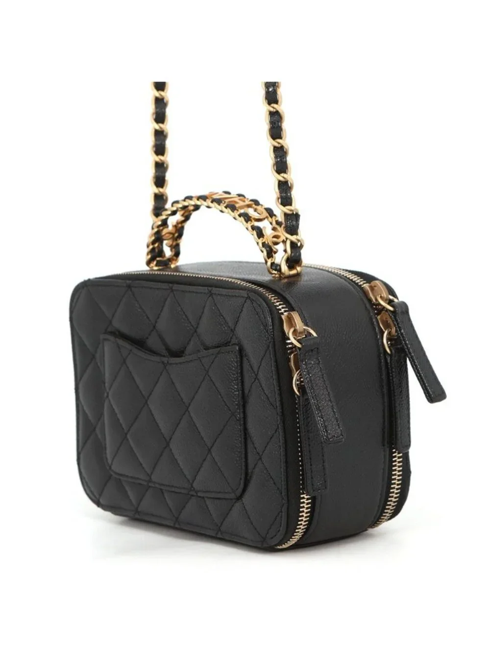 Chanel Chain Shoulder Bag CC Logo Quilted Vanity Top Handle Caviar Leather Black